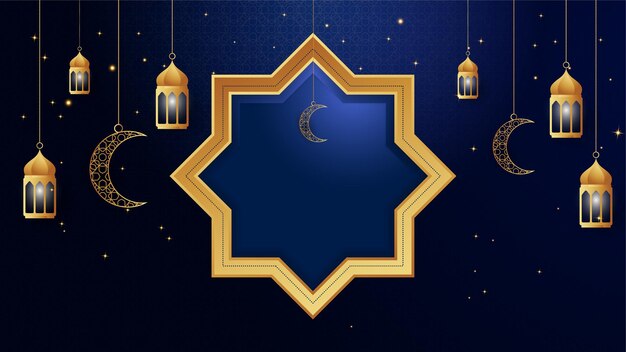 Fondo de diseño islámico azul oscuro árabe de linterna dorada Fondo de banner de ramadán kareem universal con mezquita de patrón islámico de luna de linterna y elementos islámicos de lujo abstractos