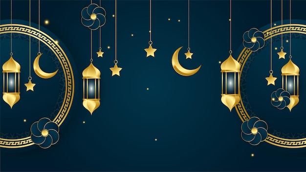 Fondo de diseño islámico azul oscuro árabe de linterna dorada Fondo de banner de ramadán kareem universal con mezquita de patrón islámico de luna de linterna y elementos islámicos de lujo abstractos