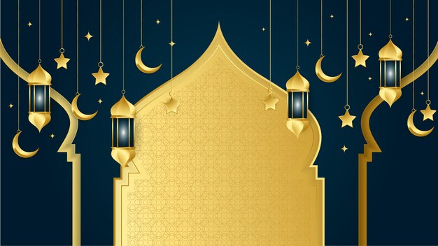 Fondo de diseño islámico azul oscuro árabe de linterna dorada fondo de banner de ramadán kareem universal con mezquita de patrón islámico de luna de linterna y elementos islámicos de lujo abstractos