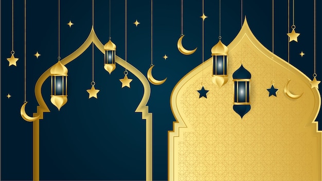 Fondo de diseño islámico azul oscuro árabe de linterna dorada fondo de banner de ramadán kareem universal con mezquita de patrón islámico de luna de linterna y elementos islámicos de lujo abstractos