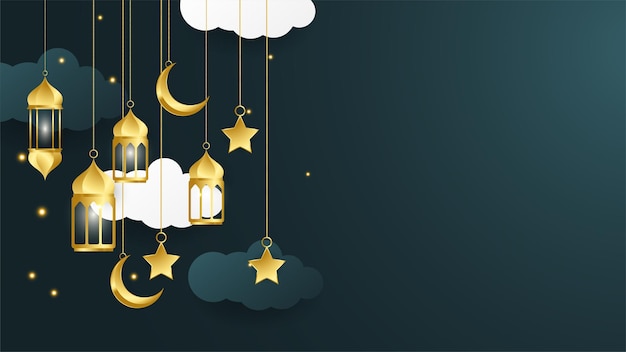 Fondo de diseño islámico azul oscuro árabe de linterna dorada Fondo de banner de ramadán kareem universal con mezquita de patrón islámico de luna de linterna y elementos islámicos de lujo abstractos