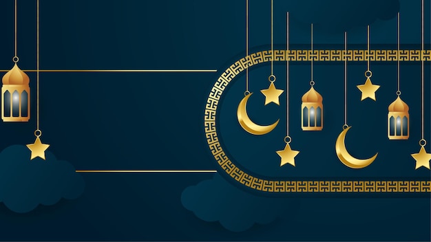 Fondo de diseño islámico azul oscuro árabe de linterna dorada Fondo de banner de ramadán kareem universal con mezquita de patrón islámico de luna de linterna y elementos islámicos de lujo abstractos