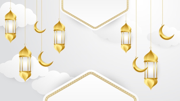 Fondo de diseño islámico de oro blanco árabe de linterna dorada elegante Fondo de banner de ramadán kareem universal con mezquita de patrón islámico de luna de linterna y elementos islámicos de lujo abstractos