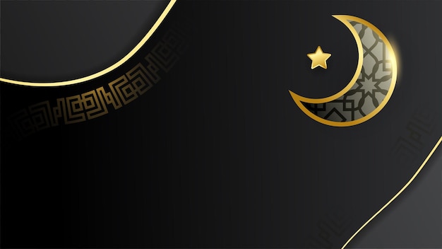 Fondo de diseño islámico de oro negro árabe de linterna dorada de lujo fondo de banner de ramadán kareem universal con mezquita de patrón islámico de luna de linterna y elementos islámicos de lujo abstractos