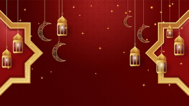 Fondo de diseño islámico de oro rojo árabe de linterna dorada Fondo de banner de ramadán kareem universal con mezquita de patrón islámico de luna de linterna y elementos islámicos de lujo abstractos