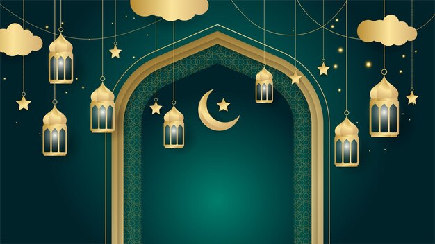 Fondo de diseño islámico verde árabe de linterna dorada fondo de banner de ramadán kareem universal con mezquita de patrón islámico de luna de linterna y elementos islámicos de lujo abstractos