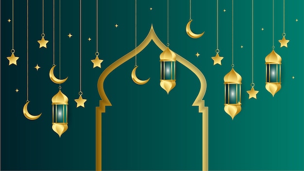 Fondo de diseño islámico verde árabe de linterna dorada Fondo de banner de ramadán kareem universal con mezquita de patrón islámico de luna de linterna y elementos islámicos de lujo abstractos