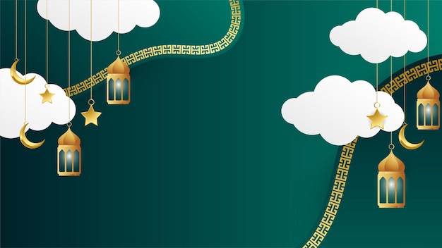 Fondo de diseño islámico verde árabe de linterna dorada Fondo de banner de ramadán kareem universal con mezquita de patrón islámico de luna de linterna y elementos islámicos de lujo abstractos