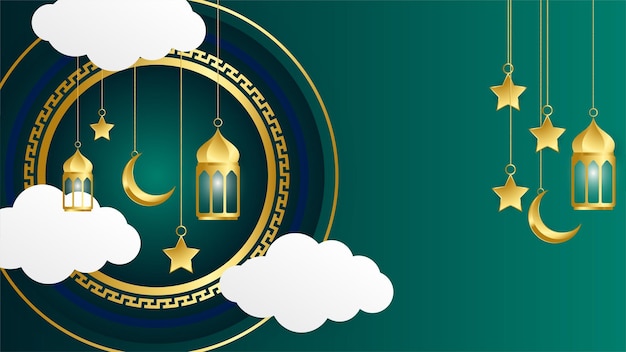 Fondo de diseño islámico verde árabe de linterna dorada de lujo Fondo de banner de ramadán kareem universal con mezquita de patrón islámico de luna de linterna y elementos islámicos de lujo abstractos