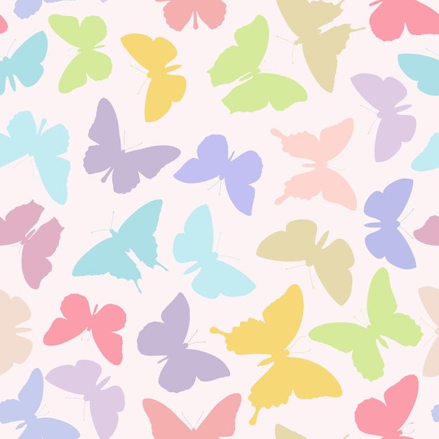 Fondo de diseño de patrón de repetición sin costuras de mariposa Ilustración vectorial Siluetas de mariposas y polillas de colores aleatorios Patrón de pastel femenino lindo