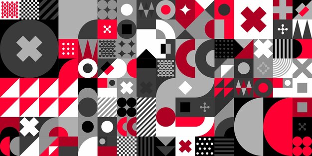 Fondo de diseño de patrones geométricos suizos Bauhaus Vector abstracto inconsútil negro y rojo