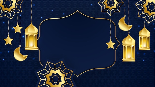 Fondo de diseño de ramadán kareem islámico de oro azul de lujo realista hermoso con patrón de mandala colgando linterna luna y estrella