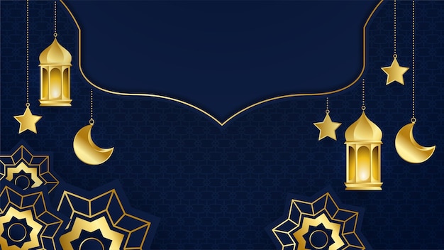 Fondo de diseño de ramadán kareem islámico de oro azul de lujo realista hermoso con patrón de mandala colgando linterna luna y estrella