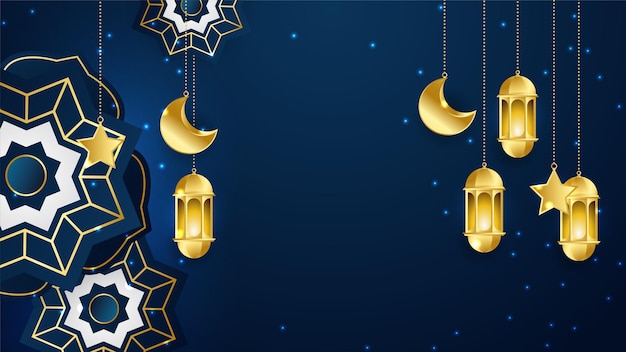 Fondo de diseño de ramadán kareem islámico de oro azul de lujo realista hermoso con patrón de mandala colgando linterna luna y estrella