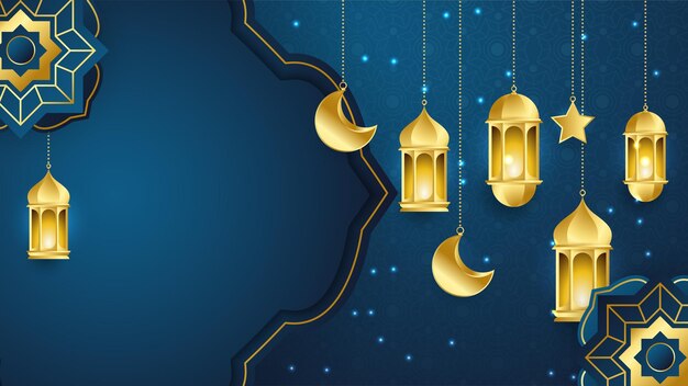 Fondo de diseño de ramadán kareem islámico de oro azul de lujo realista hermoso con patrón de mandala colgando linterna luna y estrella