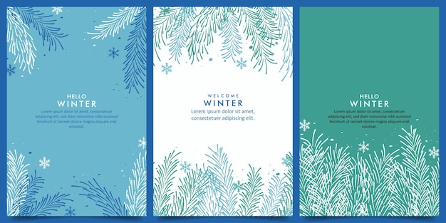 Fondo de diseño vectorial de colección de invierno con ramas de pino y copos de nieve plantilla de diseño temático