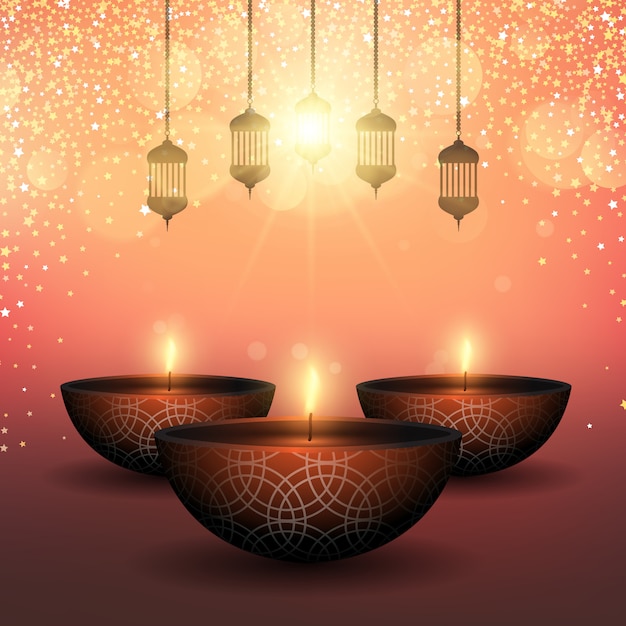 Fondo de diwali con lámparas de aceite sobre un fondo estrellado