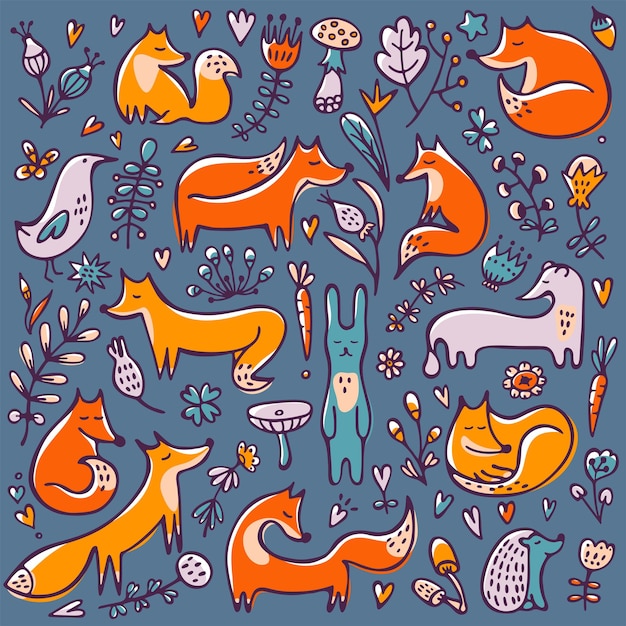 Vector fondo de doodle de otoño con ramas de hurón erizo de conejo zorros y elementos florales