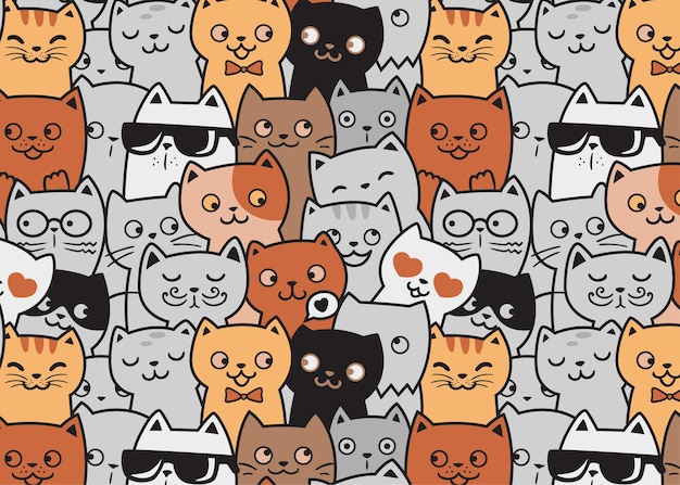 Fondo de doodle de patrón divertido gatos lindos