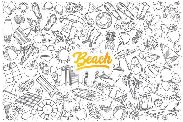 Vector fondo de doodle de playa dibujado a mano con letras amarillas