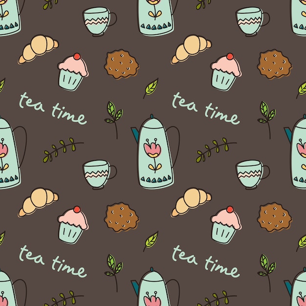 Fondo de doodle de tiempo de té, patrón transparente de desayuno