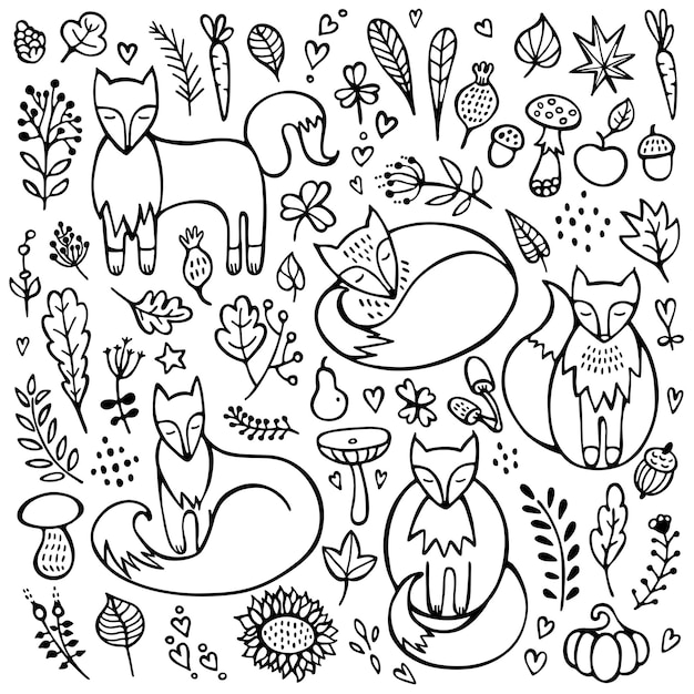 Vector fondo de doodle con zorros y elementos florales