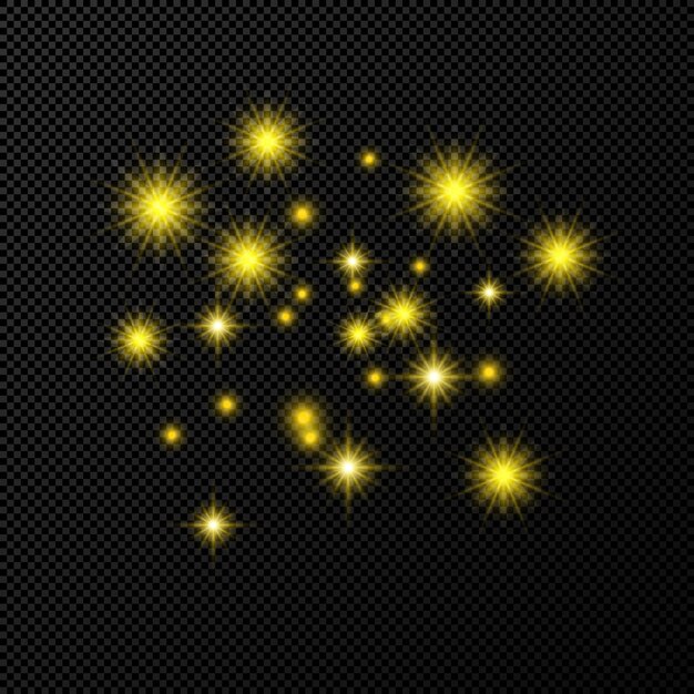 Fondo dorado con estrellas y chispas de polvo aisladas en un fondo transparente oscuro. efecto de luz brillante de navidad mágica de celebración. ilustración vectorial