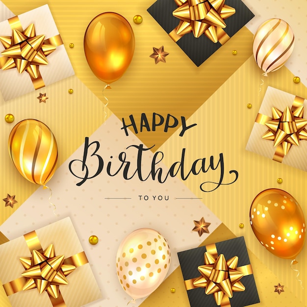 Fondo dorado con letras Feliz cumpleaños, globos navideños, regalos realistas con arcos dorados y confeti. La ilustración se puede utilizar para el diseño de vacaciones, carteles, tarjetas, sitios web, pancartas.