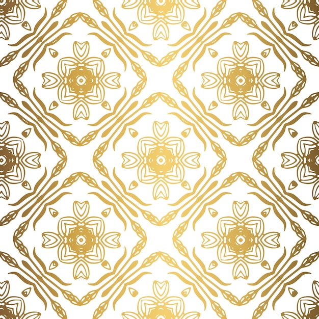 Fondo dorado Patrón sin costuras de lujo Adorno de tejido elegante para papel tapiz tela tapicería ropa de cama cortinas invitación de boda Vector de flores abstractas Motivo floral forjado