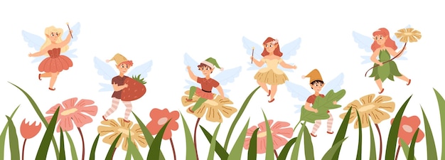 Vector fondo con duendecillos de hadas volando sobre flores ilustración vectorial plana