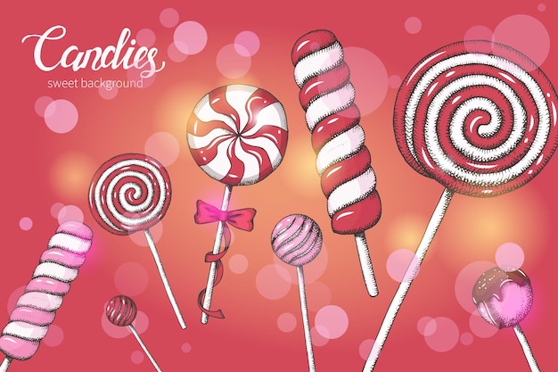 Fondo dulce con piruletas Tienda de dulces Letras escritas a mano Diseño de alimentos vectoriales Conjunto de piruletas para publicidad de menú y pancartas Boceto