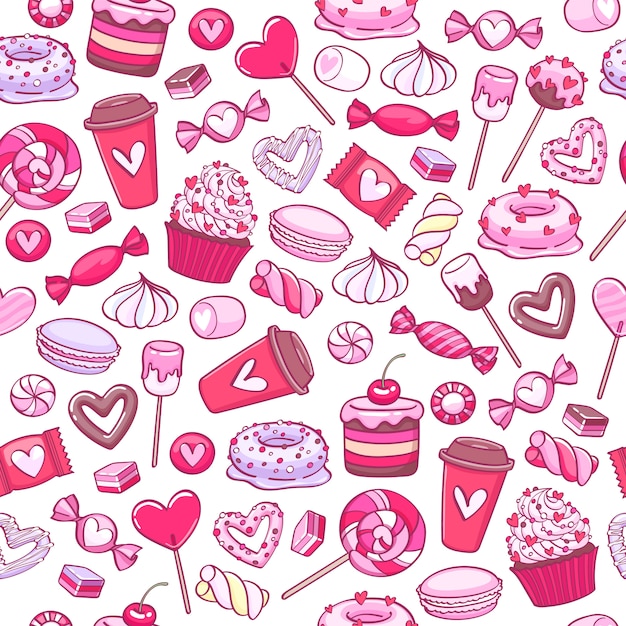 Vector fondo de dulces y galletas de san valentín. surtido de dulces.