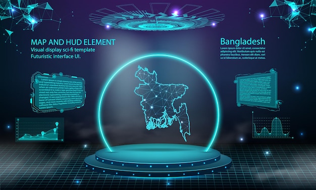 Fondo de efecto de conexión de luz de mapa de Bangladesh tecnología digital abstracta UI GUI interfaz virtual HUD futurista con mapa de bangladesh Escenario podio futurista en niebla