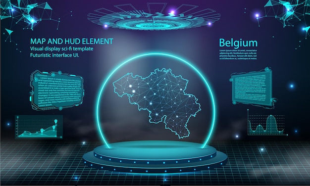 Fondo de efecto de conexión de luz de mapa de Bélgica tecnología digital abstracta UI GUI interfaz virtual de HUD futurista con mapa de Bélgica Escenario podio futurista en niebla