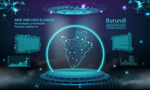 Fondo de efecto de conexión de luz de mapa de burundi tecnología digital abstracta ui gui interfaz virtual de hud futurista con mapa de burundi escenario podio futurista en niebla