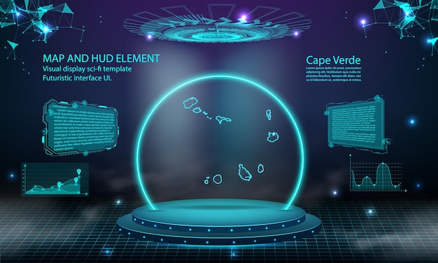 Fondo de efecto de conexión de luz de mapa de cabo verde tecnología digital abstracta ui gui interfaz virtual hud futurista con mapa de cabo verde escenario podio futurista en niebla