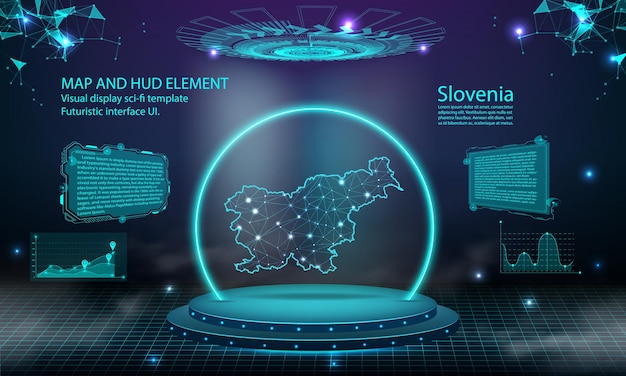 Fondo de efecto de conexión de luz de mapa de Eslovenia tecnología digital abstracta UI GUI futurista HUD Interfaz virtual con mapa de Eslovenia Escenario podio futurista en niebla