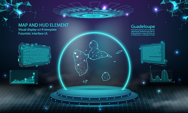 Fondo de efecto de conexión de luz de mapa de guadalupe tecnología digital abstracta ui gui interfaz virtual de hud futurista con mapa de guadalupe escenario podio futurista en niebla