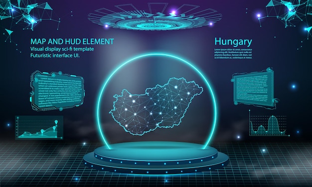 Fondo de efecto de conexión de luz de mapa de Hungría tecnología digital abstracta UI GUI interfaz virtual de HUD futurista con mapa de Hungría Podio futurista de escenario en niebla