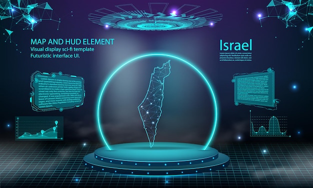 Fondo de efecto de conexión de luz de mapa de israel tecnología digital abstracta ui gui interfaz virtual de hud futurista con mapa de israel podio futurista de escenario en niebla