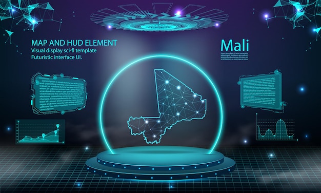 Fondo de efecto de conexión de luz de mapa de Malí tecnología digital abstracta UI GUI futurista HUD Interfaz virtual con mapa de Malí Escenario podio futurista en niebla