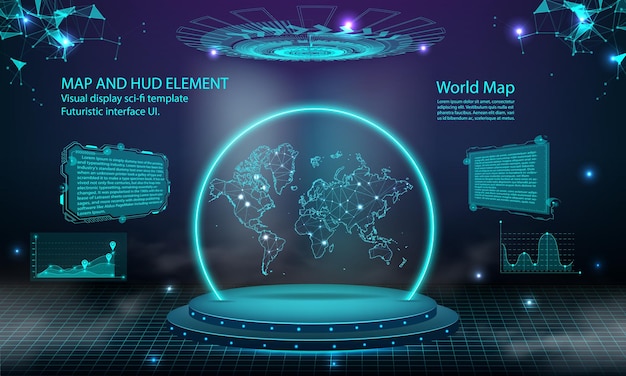 Fondo de efecto de conexión de luz de mapa mundial tecnología digital abstracta UI GUI futurista HUD Interfaz virtual con mapa mundial Escenario podio futurista en niebla