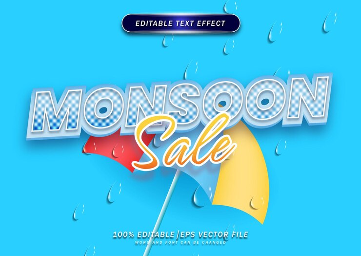 Vector fondo de efecto de texto editable monsoon sale con gota de lluvia y sombrillas para compras de temporada
