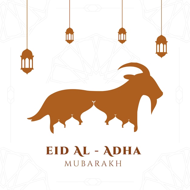 Fondo de eid al adha mubarak con ilustración de cabra y mezquita para tarjeta de felicitación
