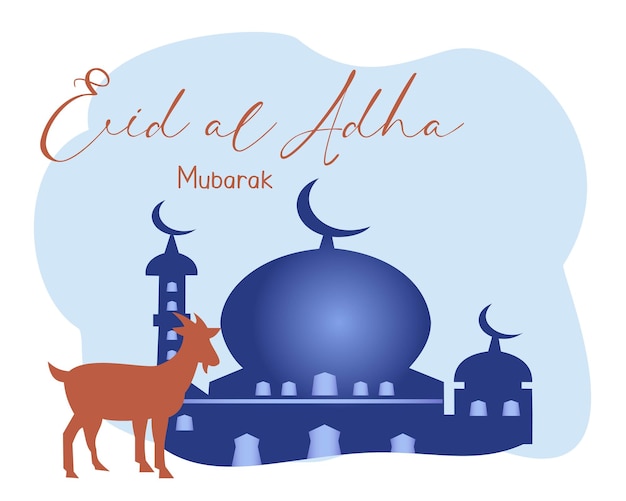 Vector fondo de eid al adha mubarak con ilustración de vector de cabra y mezquita
