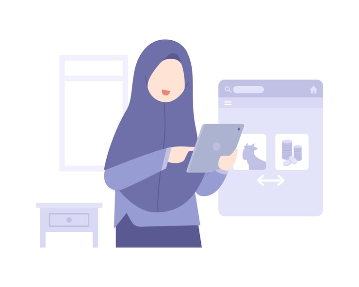 Vector fondo de eid al-adha con una mujer musulmana compra comida en línea