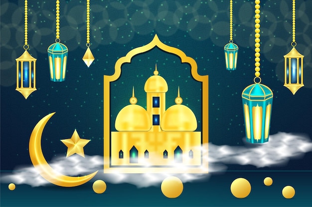 Fondo de Eid Mubarak con estrella y luna. Diseño de luces islámicas con diseño dorado de Eid Mubarak