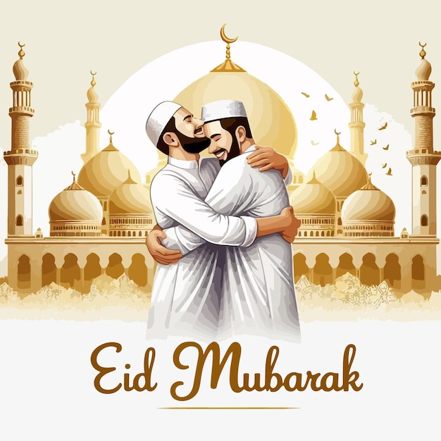 Fondo de Eid Mubarak con personas musulmanas islámicas e ilustración vectorial de mezquitas.