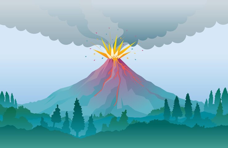 Vector fondo de erupción volcánica, humo y flujo de lava