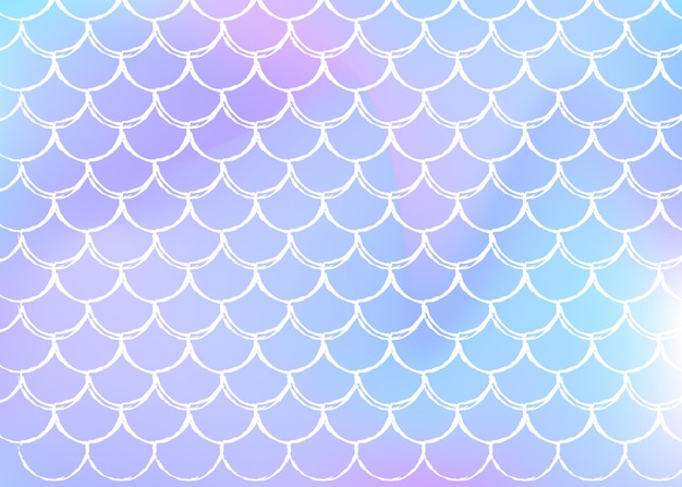 Fondo de escala de degradado con sirena holográfica. Transiciones de colores brillantes. Banner e invitación de cola de pez. Patrón submarino y marino para fiesta de chicas. Telón de fondo retro con escala de degradado.